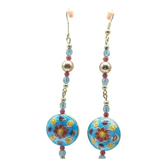 Flower Multi-Color Cloisonne Hand Painted Glass Bead Beaded Dangle Earrings - Picture 3 of 4